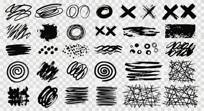 Cole&ccedil;&atilde;o de rabiscos pretos feitos &agrave; m&atilde;o com caneta marcadora, incluindo espirais, cruzes, hachuras e texturas abstratas em fundo transparente.
