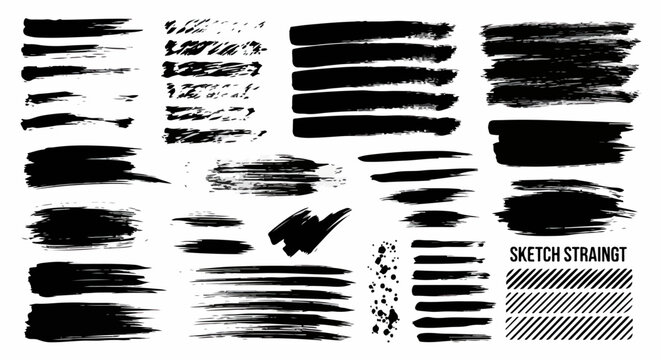 Cole&ccedil;&atilde;o de pinceladas de tinta preta e tra&ccedil;os de pincel seco em fundo branco, ideal para design gr&aacute;fico, arte abstrata e elementos de textura r&uacute;stica.