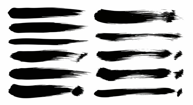 Cole&ccedil;&atilde;o de pinceladas de tinta preta feitas &agrave; m&atilde;o com texturas de caligrafia japonesa e tra&ccedil;os de nanquim isolados no fundo branco para design.