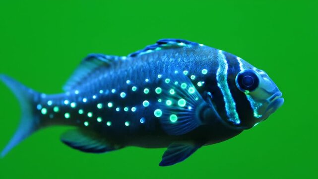 A vibrant blue fish with glowing white spots swimming in a green aquatic environment.