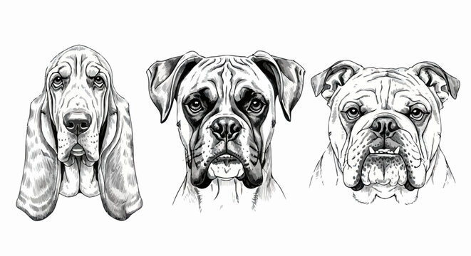Ilustra&ccedil;&atilde;o em preto e branco de tr&ecirc;s cabe&ccedil;as de c&atilde;es das ra&ccedil;as Bloodhound, Boxer e Bulldog Ingl&ecirc;s, desenhadas &agrave; m&atilde;o em estilo sketch detalhado.