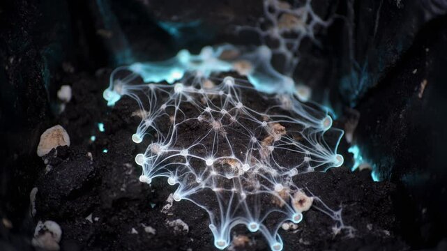 Bioluminescent slime mold network glowing on dark soil