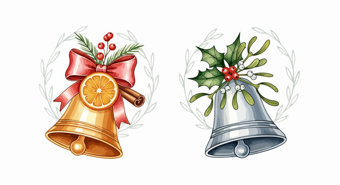 Ilustra&ccedil;&atilde;o em aquarela de dois sinos de Natal, um dourado com la&ccedil;o vermelho e laranja, e outro prateado com azevinho e visco sobre fundo branco.