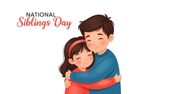 Illustration of a happy brother and sister embracing on National Siblings Day with colorful design elements.