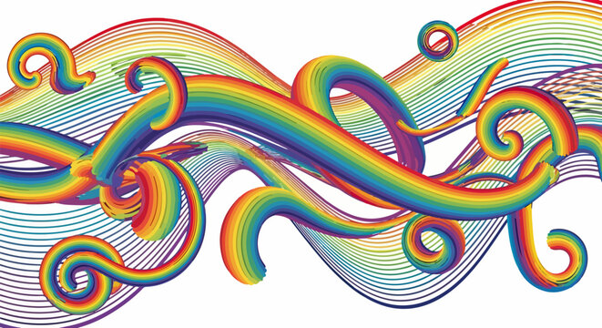 Abstrakte bunte Regenbogenwellen und dynamische 3D-Wirbel auf wei&szlig;em Hintergrund als kreatives Designelement f&uuml;r moderne Hintergr&uuml;nde.