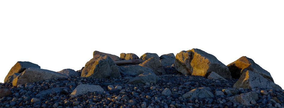 Rocky Pebble Beach With Sunlit Boulders Isolated On White Background 3D Rendering