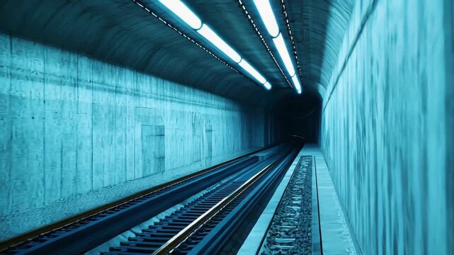 Deep perspective shot inside an urban transportation tunnel, with clean concrete walls and bright overhead lights casting a cool blue glow onto the converging railway lines