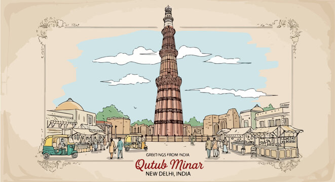 Historische Postkarte mit einer handgezeichneten Illustration des Qutub Minar in Neu-Delhi, Indien, inklusive Rikscha und Marktplatzszene.