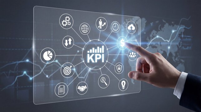 KPI business metrics dashboard with hand interacting touchscreen displaying key performance indicators and icons