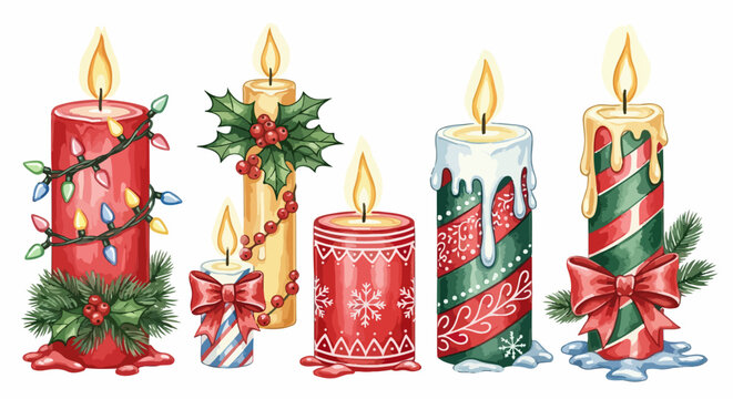 Handgezeichnete Aquarell-Illustration von sechs brennenden Weihnachtskerzen mit festlicher Dekoration wie Schleifen und Tannenzweigen auf Wei&szlig;.