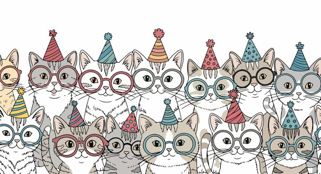 Eine Gruppe von niedlichen handgezeichneten Katzen mit bunten Partyh&uuml;ten und Brillen feiert eine fr&ouml;hliche Geburtstagsparty auf wei&szlig;em Hintergrund.