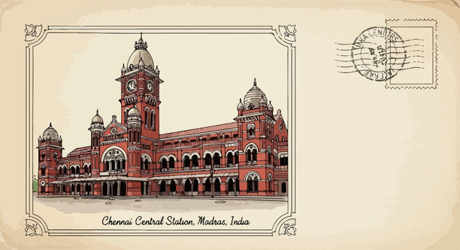 Vintage-Postkarte mit einer kunstvollen Zeichnung des Chennai Central Bahnhofs in Madras, Indien, inklusive historischem Stempel und Rahmen.