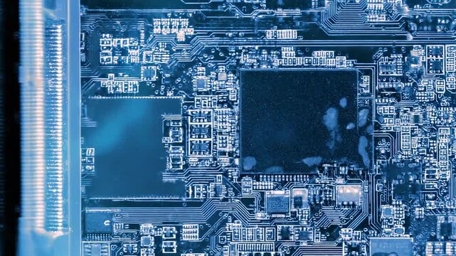 Computer circuit board displaying interconnected electronic components and data processing pathways, symbolizing advanced technology, digital communication, and innovation in hardware development