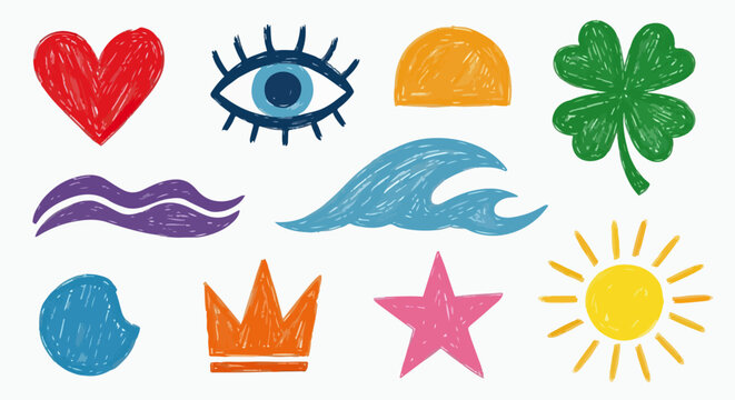 Bunte handgezeichnete Symbole wie Herz, Auge, Sonne und Kleeblatt im Malstift-Stil auf wei&szlig;em Hintergrund als kreative Illustration.