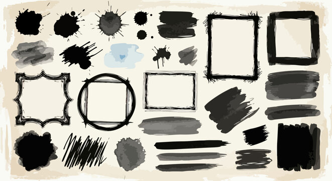 Set aus verschiedenen schwarzen Tuscheklecksen, abstrakten Pinselstrichen und kunstvollen Rahmen f&uuml;r kreative Designprojekte auf antikem Papier.