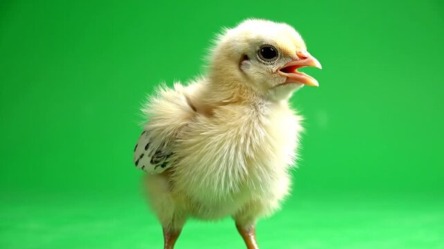 A fluffy yellow and white chick with an open beak stands on a vibrant green background.
