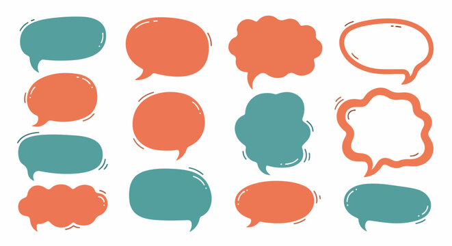 Colecci&oacute;n de globos de texto dibujados a mano en colores coral y verde azulado para dise&ntilde;o de comunicaci&oacute;n y mensajes de redes sociales.