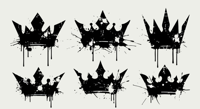 Conjunto de seis siluetas de coronas negras con estilo de graffiti urbano, goteos de pintura y texturas desgastadas sobre fondo claro.