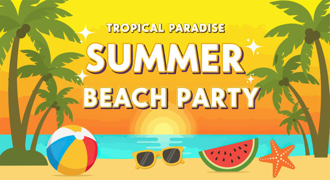 Cartel de fiesta de verano en la playa con palmeras, atardecer tropical, pelota inflable, gafas de sol y sand&iacute;a en un estilo de dise&ntilde;o vectorial.