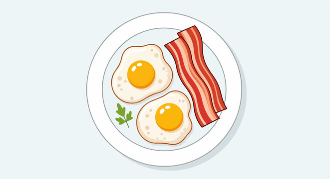 Un plato de desayuno cl&aacute;sico que contiene dos huevos fritos con yema amarilla y tiras de tocino ahumado, representado en un estilo de dise&ntilde;o plano.