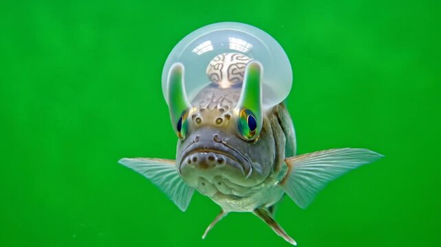 A digitally manipulated image of a fish with a human brain encased in a clear bubble on its head against a green background.