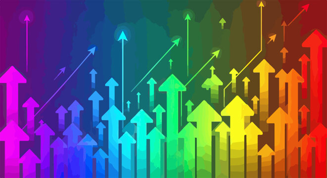 Fondo abstracto con m&uacute;ltiples flechas de colores brillantes apuntando hacia arriba representando crecimiento econ&oacute;mico y &eacute;xito.