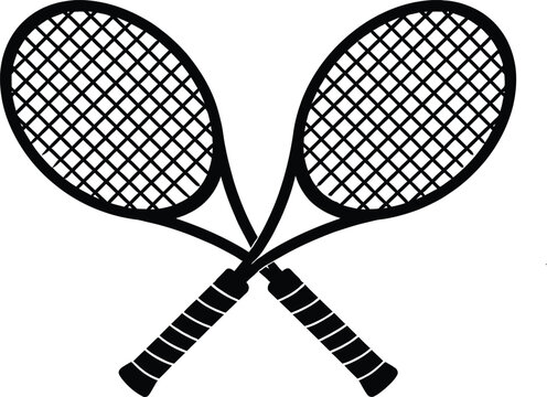 Tennis rackets crossed in black silhouette, professional sports equipment vector, athletic competition icon design