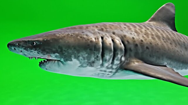 A detailed side profile of a tiger shark, showcasing its distinctive striped pattern and powerful jaws, against a vibrant green background.