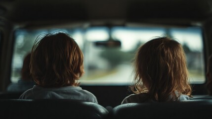 Obraz premium Children seated inside school van from rear view, soft window light, no visible faces, student transportation scene