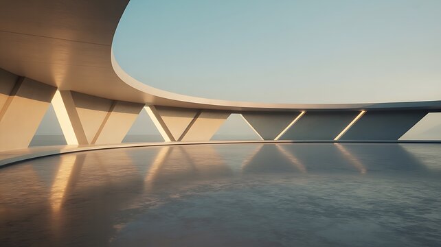 A modern bridge with a unique design spans over calm water at sunset