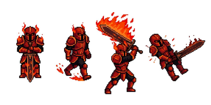 pixel art asset featuring a medieval fire knight character with glowing orange flames, heavy red armor, and a burning greatsword.