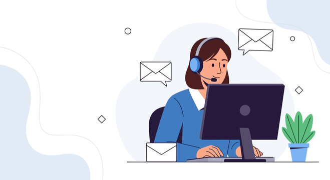 Customer support agent with headset working on computer, email communication concept
