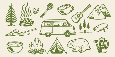Camping themed doodle set featuring a van and outdoor elements silhouette © NaderAli