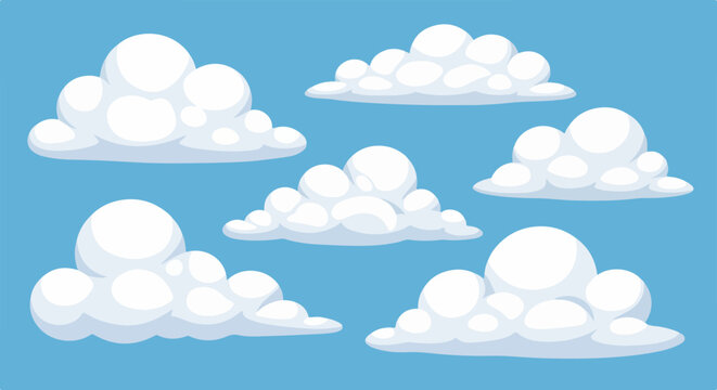 Set di diverse nuvole bianche e soffici in stile cartone animato isolate su uno sfondo azzurro cielo limpido per design grafico.