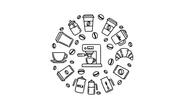 Coffee shop eslements outline icon set in circular layout with cups mugs beans espresso machines and pastries vector illustration