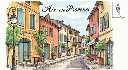 Fototapeta premium Illustrazione di una pittoresca strada di Aix-en-Provence con edifici colorati, tavolino da caffè e pavimentazione in ciottoli in stile acquerello.