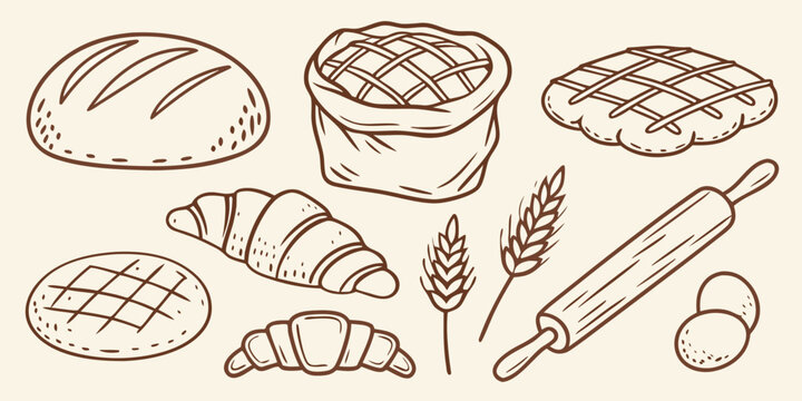 Sketch of assorted breads wheat and baking tools a warm silhouette