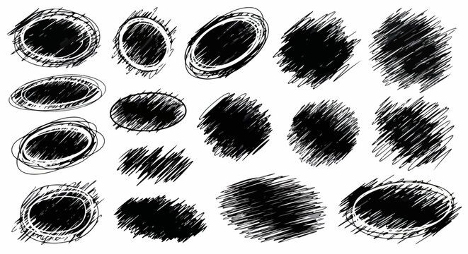 Collezione di forme ovali e cerchi scarabocchiati a mano con inchiostro nero su sfondo bianco per design grafico creativo e artistico.