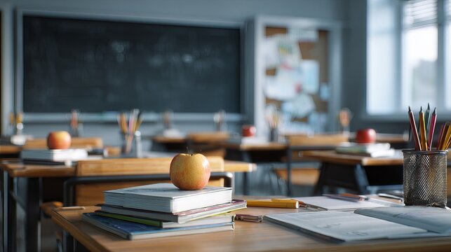 Classroom board with desk supplies, empty school classroom interior, indoor education concept
