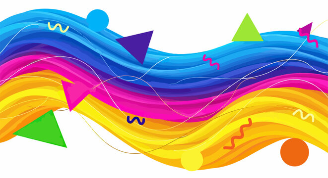 Sfondo astratto con onde fluide e vibranti nei toni del blu, rosa e giallo, arricchito da forme geometriche colorate su sfondo bianco.