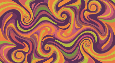 Obraz premium Sfondo astratto con vortici psichedelici colorati in tonalità di viola, arancione e verde, perfetto per design retrò e creativi moderni.