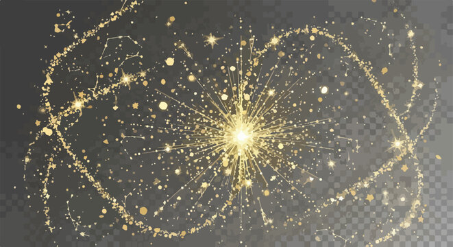 Scintillante esplosione di polvere d'oro con scie luminose e particelle magiche isolate su uno sfondo a scacchi trasparente per design creativo.