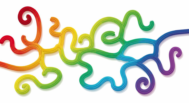 Illustrazione astratta con linee curve e spirali colorate che creano un intreccio dinamico e vivace su uno sfondo bianco pulito.