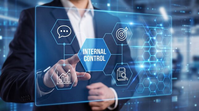 Businessman interacting with internal control interface on transparent screen