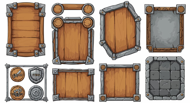 Set di cornici in legno e pietra per interfaccia utente di videogiochi fantasy con icone, scudi e bordi decorativi in stile cartoon.