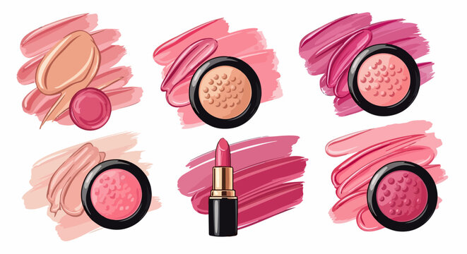 Collezione di prodotti per il make-up con rossetto, fard e campioni di texture cremosa in varie tonalit&agrave; di rosa e beige su sfondo bianco.