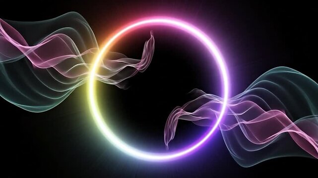 Glowing neon ring with colorful smoke waves for quantum computing data visualization