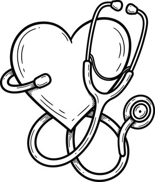 Heart Shape With Stethoscope Medical Symbol Hand Drawn Line Art