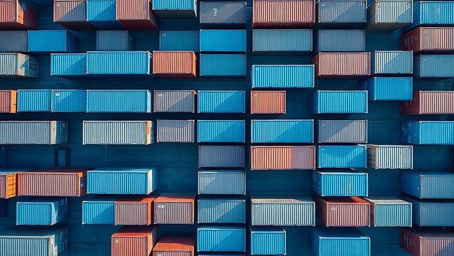 supplychain. Aerial view of shipping containers arranged in striking geometric patterns under soft morning light. safety posters.