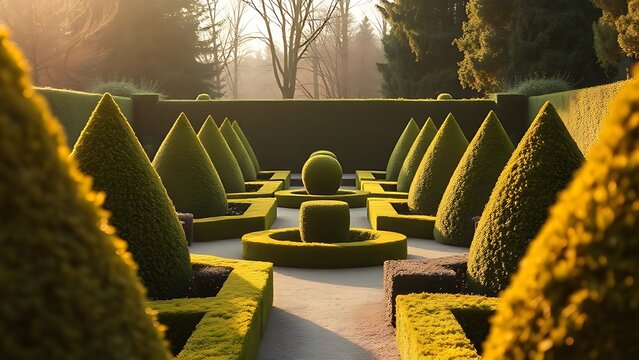topiary. Symmetrical topiary garden bathed in golden light, showcasing sculpted natural beauty. gardening catalogs, home-decor guides, designed for home decor and floral branding.